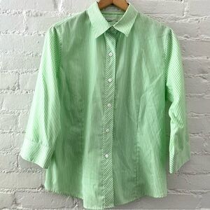 Foxcroft Wrinkle Free Green White Striped Button Up Shirt Career Preppy Coastal